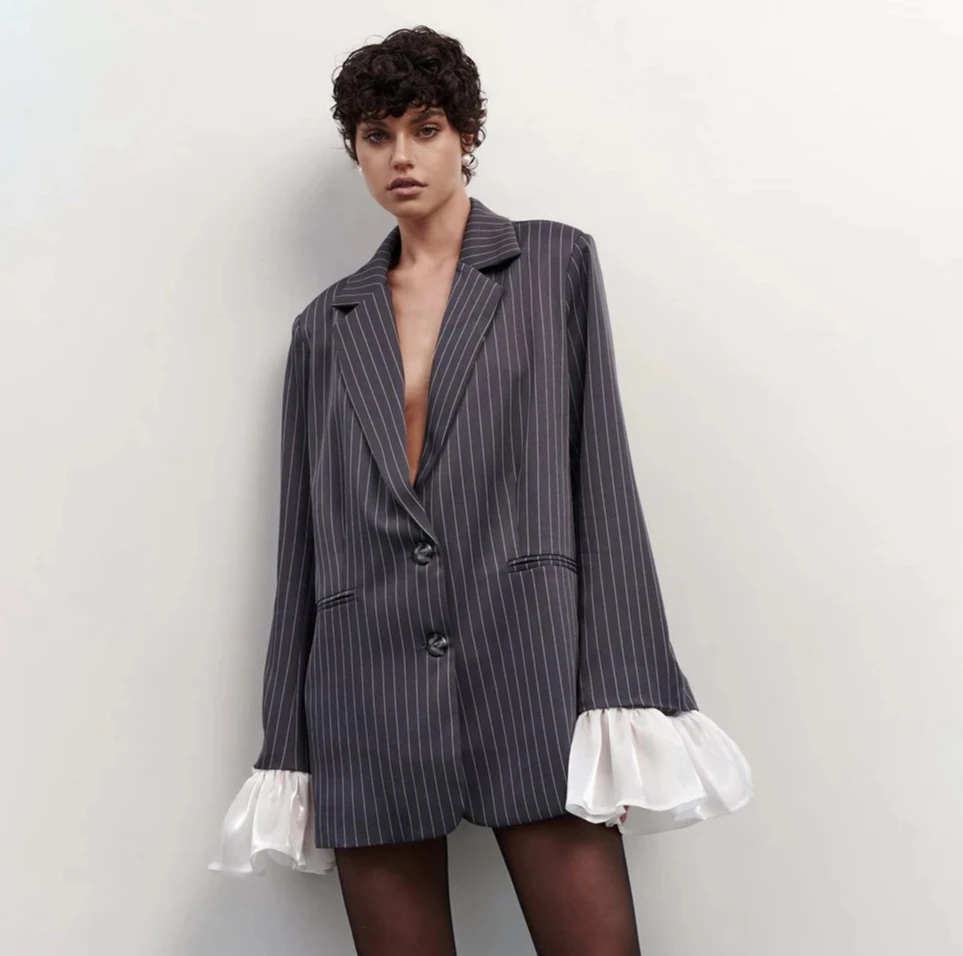 

Winter New Loose Burgundy Luxury Blazer Women Clothing Long Sleeve Striped Blazers Elegant Women Coat Causal Outerwears