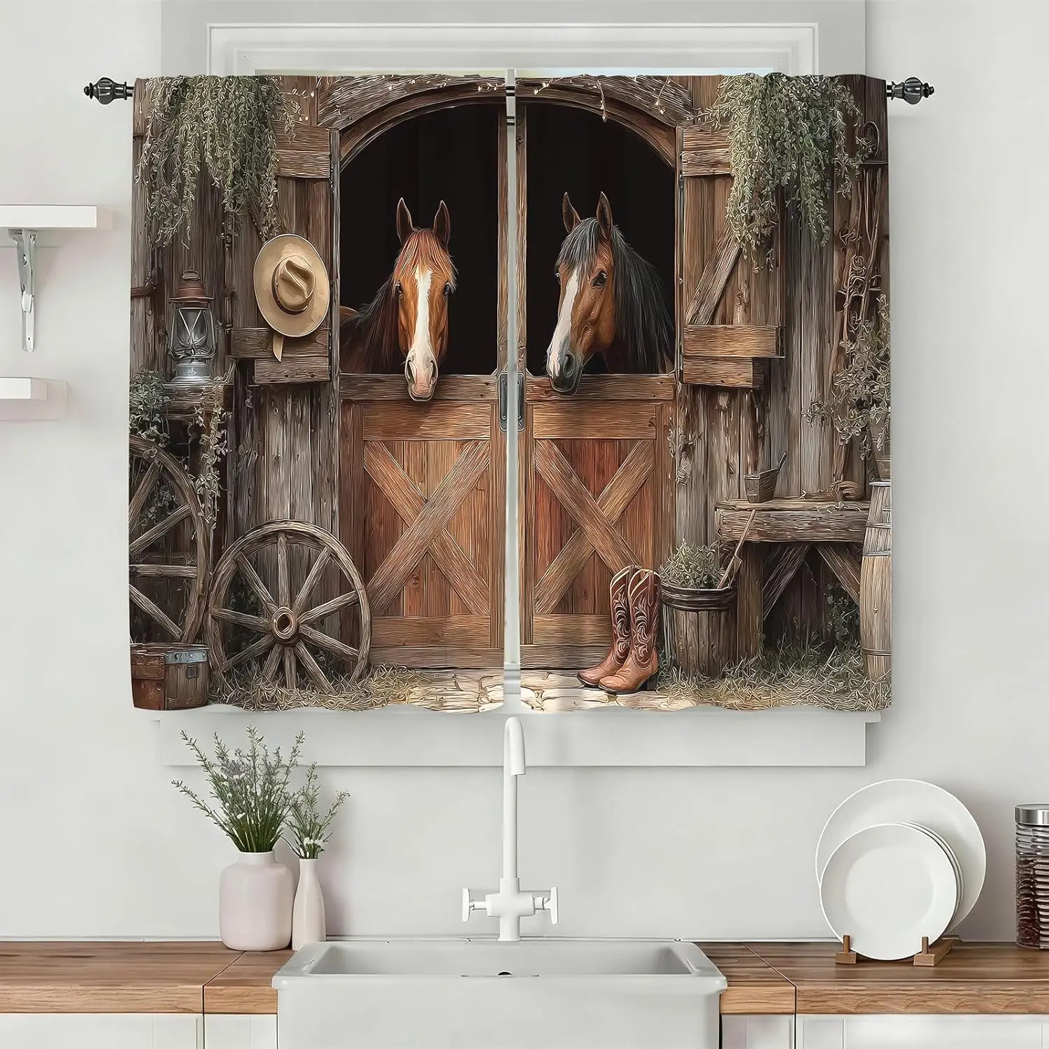 Rustic Western Horse Window Curtain Farmhouse Barn Decor Style Living Room Curtain Equestrian Style Drapes