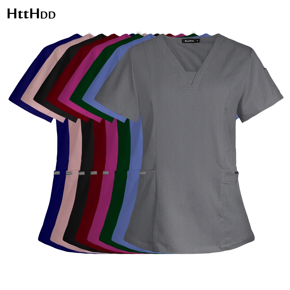 V-neck Short Sleeved Top Fashion Nurse Uniform Dentist Veterinary Work Uniform Unisex Healthcare Nurse Clothing Scrun Women Mens