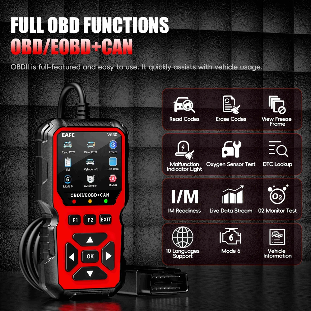 EAFC OBD2 Scanner Car Diagnostic Tool Full OBDII EOBD CAN Code Reader Check Engine Light for 12V Gasoline Vehicles