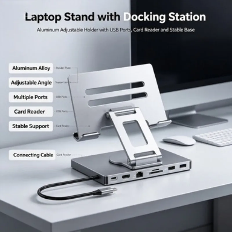 Type-C Docking Unit with Rotatable Bracket, 4K@60Hz, Gigabit LAN, USB3.2 for Phone Tablet