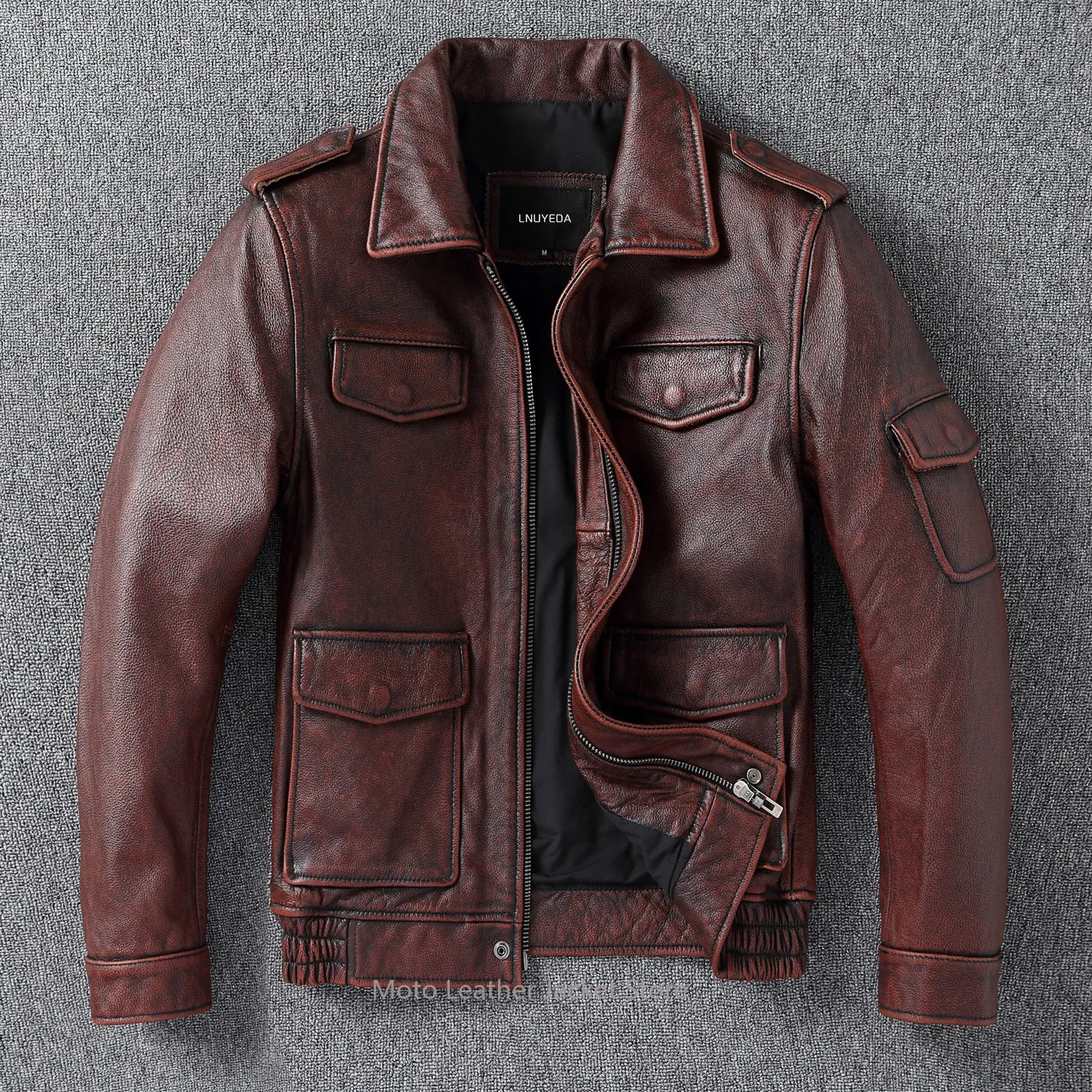 

Винтажная мужская куртка из натуральной кожи, короткая куртка-сафари из воловьей кожи высшего качества с лацканами, многокарманная куртка-косуха из чистой кожи