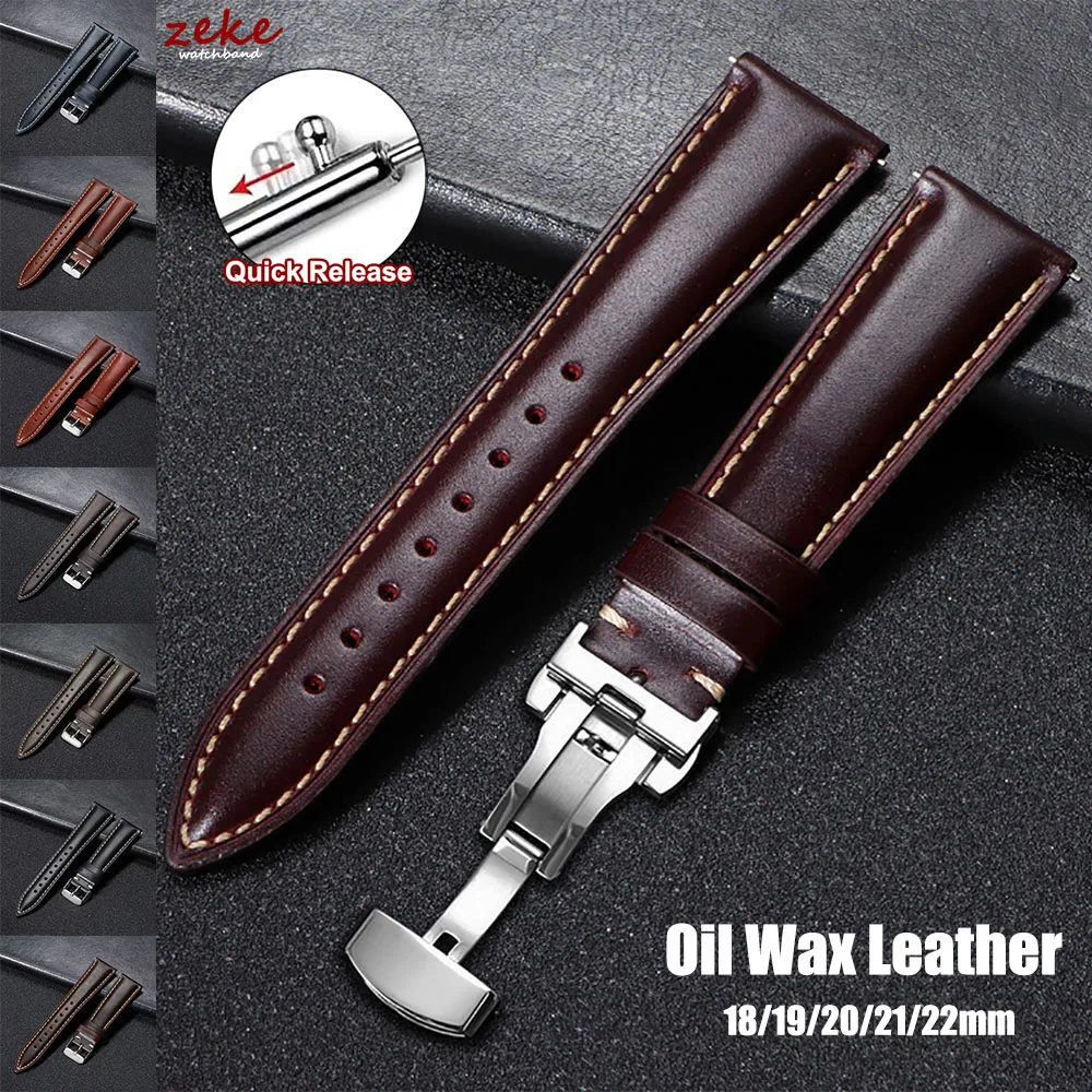 Bracelets de montre universels en cuir huilé vintage 18mm 19mm 20mm 21mm 22mm, marron, première couche de cuir, accessoires pour hommes, boucle ardillon