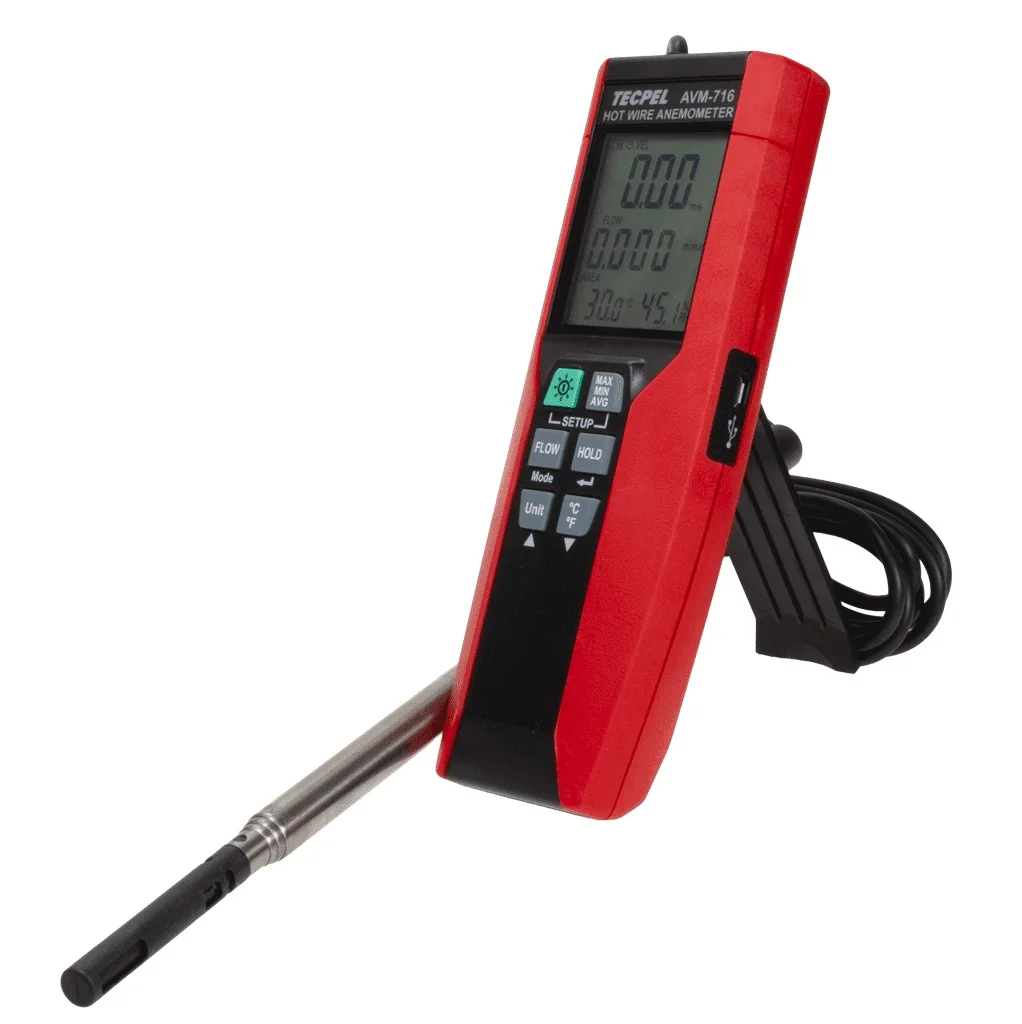 Hot Selling TECPEL AVM-716 Handheld Digital Hot Wire Anemometer High Accuracy Temperature Measurement Multi-Unit Display ABS