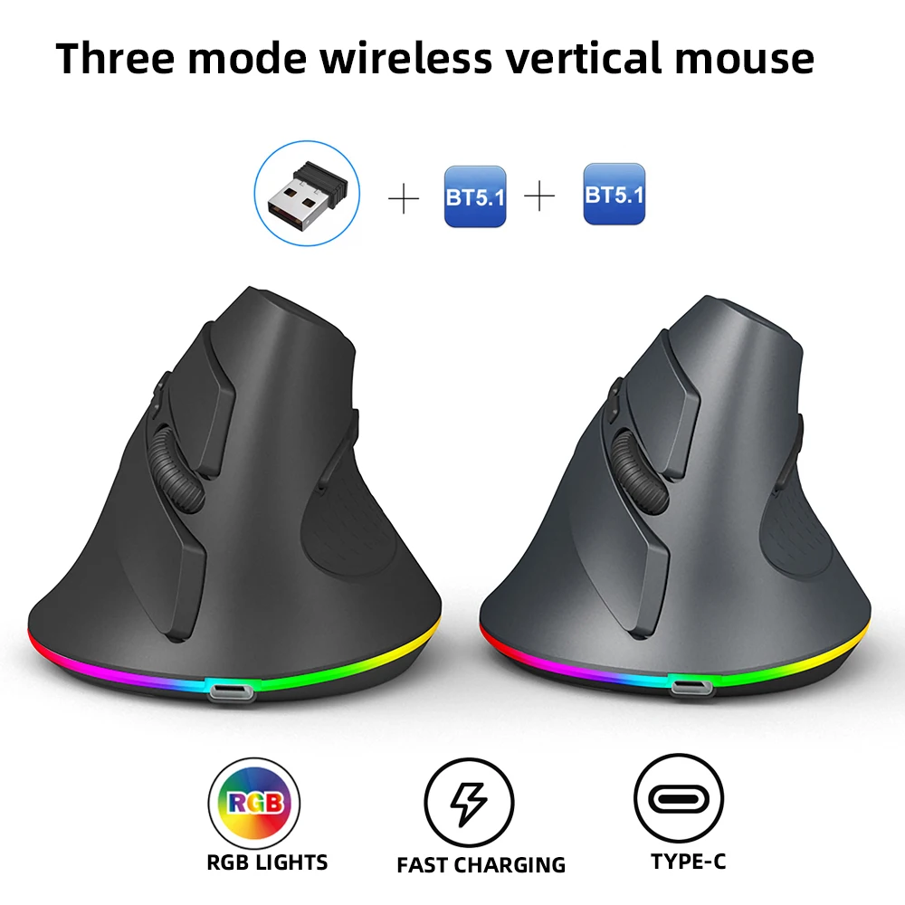 

3 Modes Wireless Mouse 2.4G USB and Bluetooth 5.1 LED Rechargeable Ergonomics Vertical Mouse With Backlight For Tablet PC Laptop