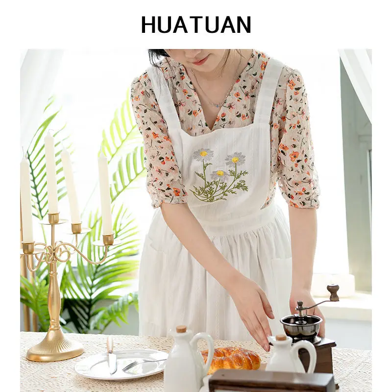 Retro Pastoral Thin Cotton Jacquard Summer Baking Aprons For Woman Dress Flower Shop Smock Bib Garden Tea Party  Overall