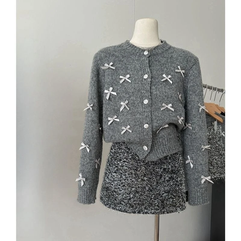 

Y2k Japanese Vintage Short Knitted Coat Long Sleeve O-neck Women Casual Bow Decoration Slim Coat Button Retro Streetwear Autumn