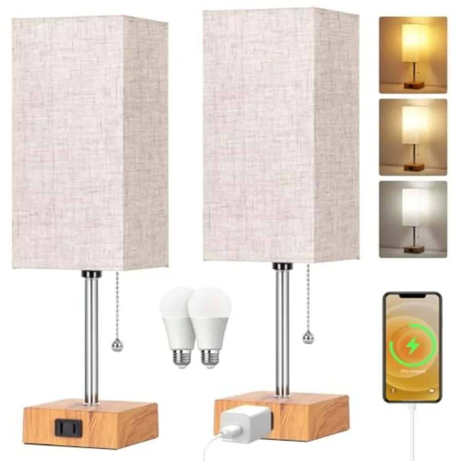 Table Lamp for Bedroom set of 2, 3-Color Bedside Lamps with Pull Chain Table Lamps for Nightstand with AC Outlets, Small Night