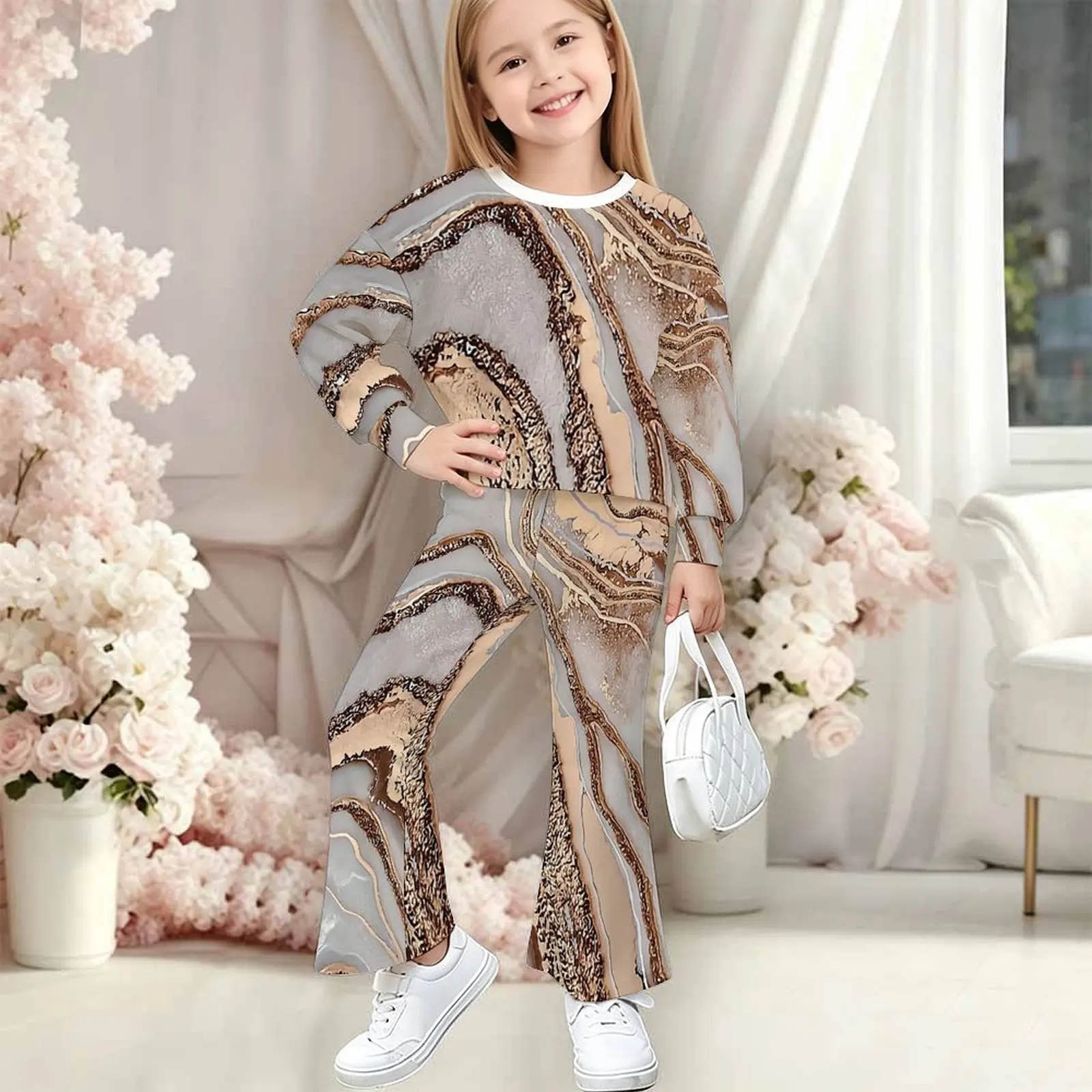 Winter Girl's Round-Neck Long Sleeve Cute Two-Piece Print Bell-bottomed Pants Casual Top Fashion Trousers Autumn Sweatshirt Set