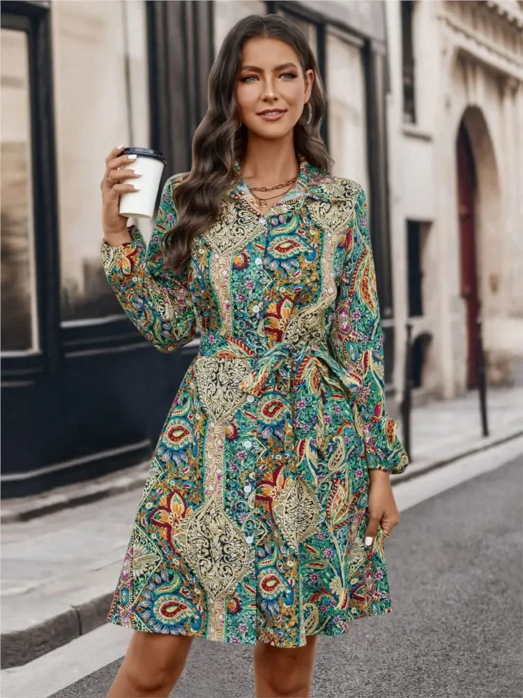 ใหม่ฤดูใบไม้ร่วงฤดูหนาวผู้หญิงแฟชั่นพิมพ์แขนยาวเดี่ยวเสื้อเซ็กซี่ V คอแขนยาวชุด