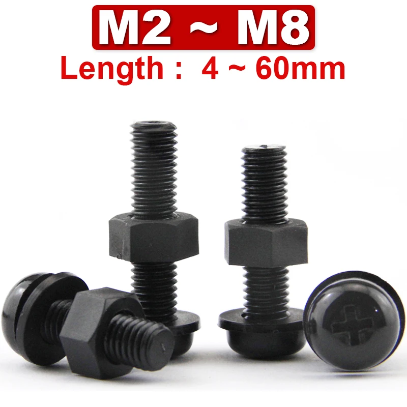 3in1 PA66 Black Nylon Screw Nut Washer Gasket Combination Round Head Cross Bolt Plastic Insulation Screw M2 M2.5 M3 M4 M5 M6 M8