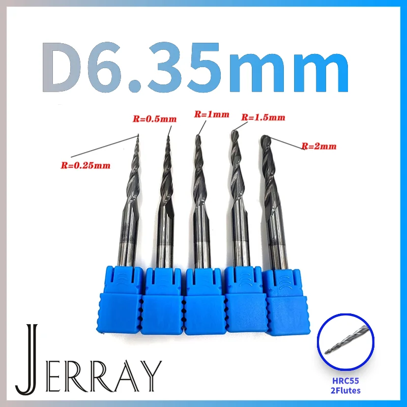 JERRAY D6.35mm HRC55 coating 2Flute Tungsten solid carbide Tapered Ball Nose End Mills Router Bits CNC end Milling Cutter