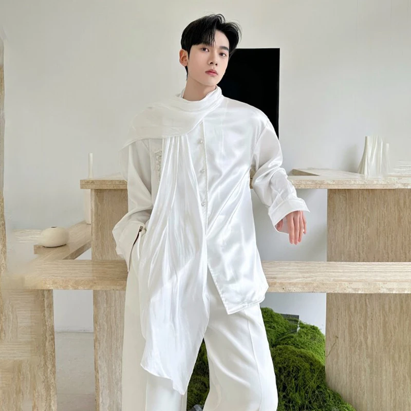 LUZHEN Ribbon Temperament 2026 Decorate Elegant Spring Long New Sleeve Shirts Men's Trendy High Quality Luxury Male Tops JY8435