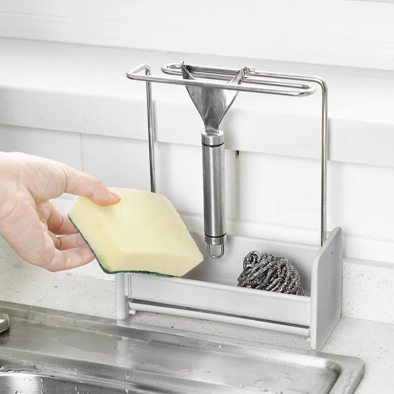 

Sink Cleaning Organizer Kitchen Sponge Holder Soap Rack Brush Caddy Drain Tray Rag Hanging Shelf Multifunction