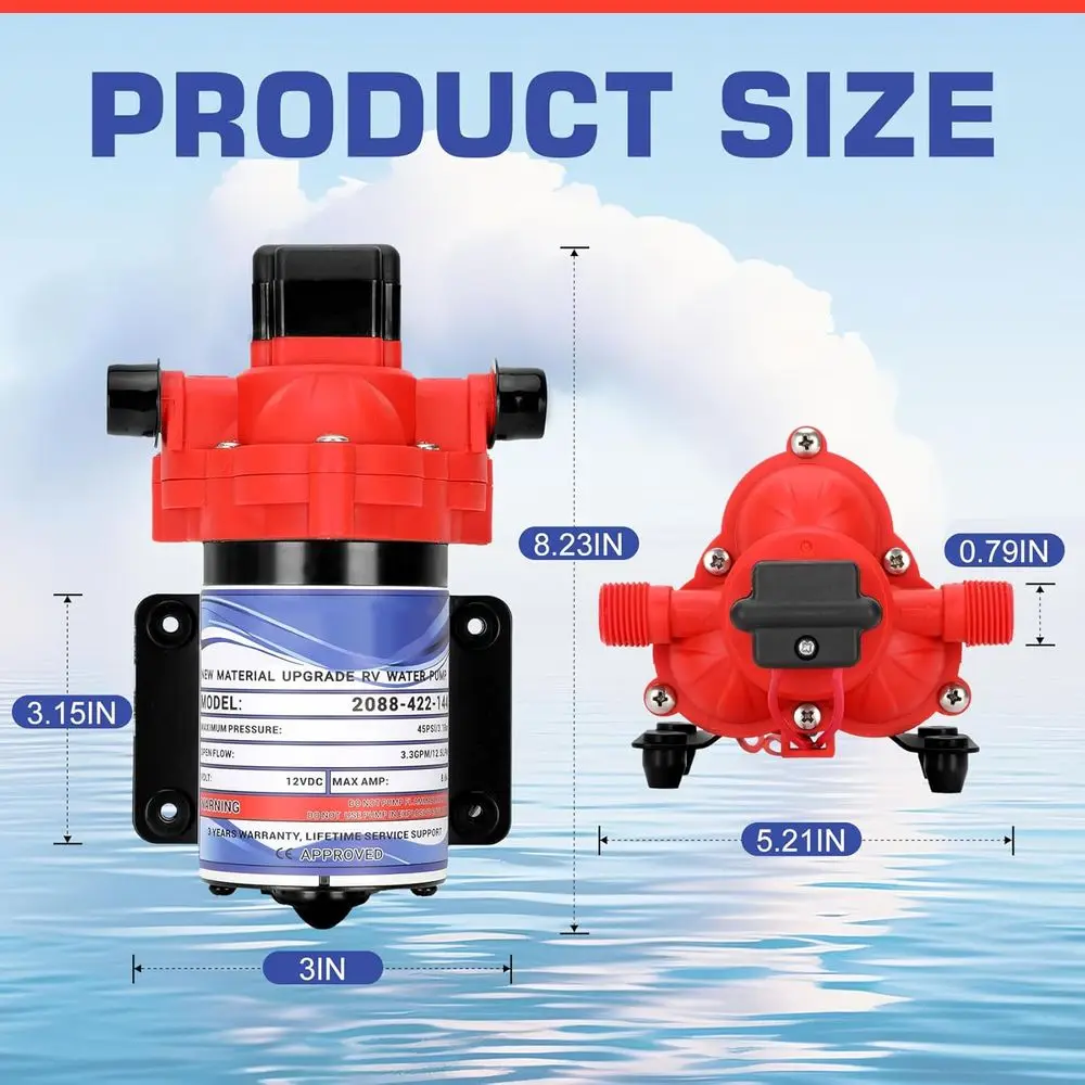 12V 3.3 GPM Diaphragm Pump, 45 PSI, 1/2 MNPT, Ideal for RV and Water Transfer Applications