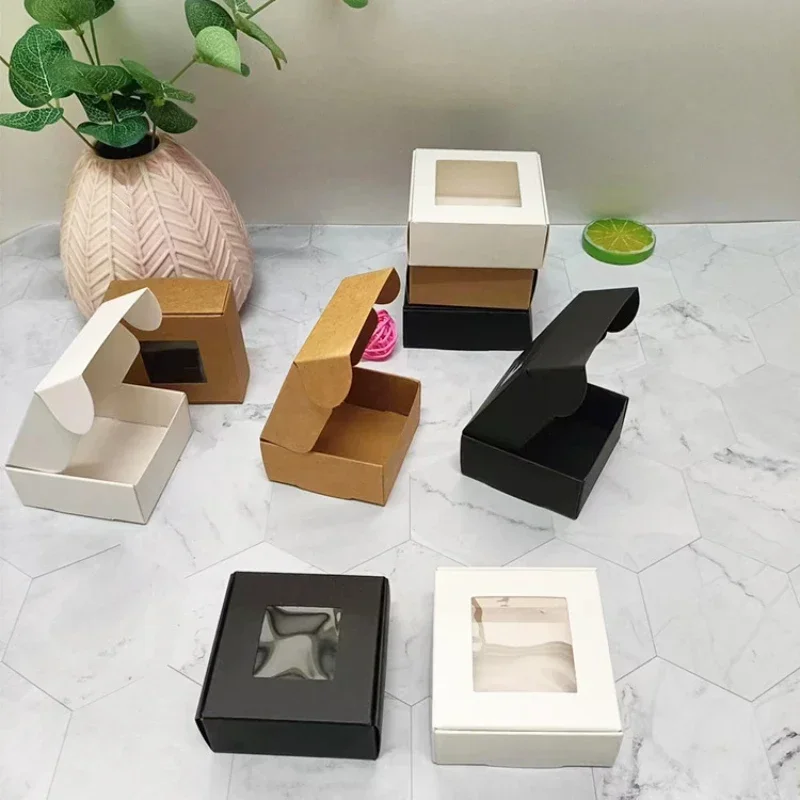 50/100pcs Kraft Paper Box with Clear PVC Window Soap Boxes Packaging Gift Box Wedding Favors Candy Boxes Packaging Wholesale