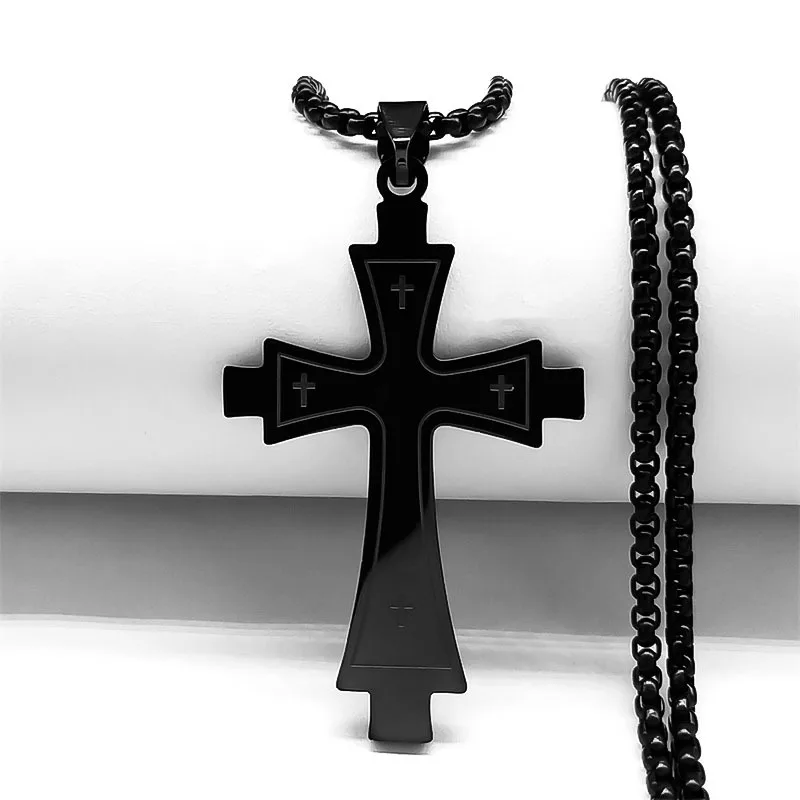 HNSP Vintage Black Cross Stainless Steel Pendant Chain Necklace For Men Jewelry Goth Accessories