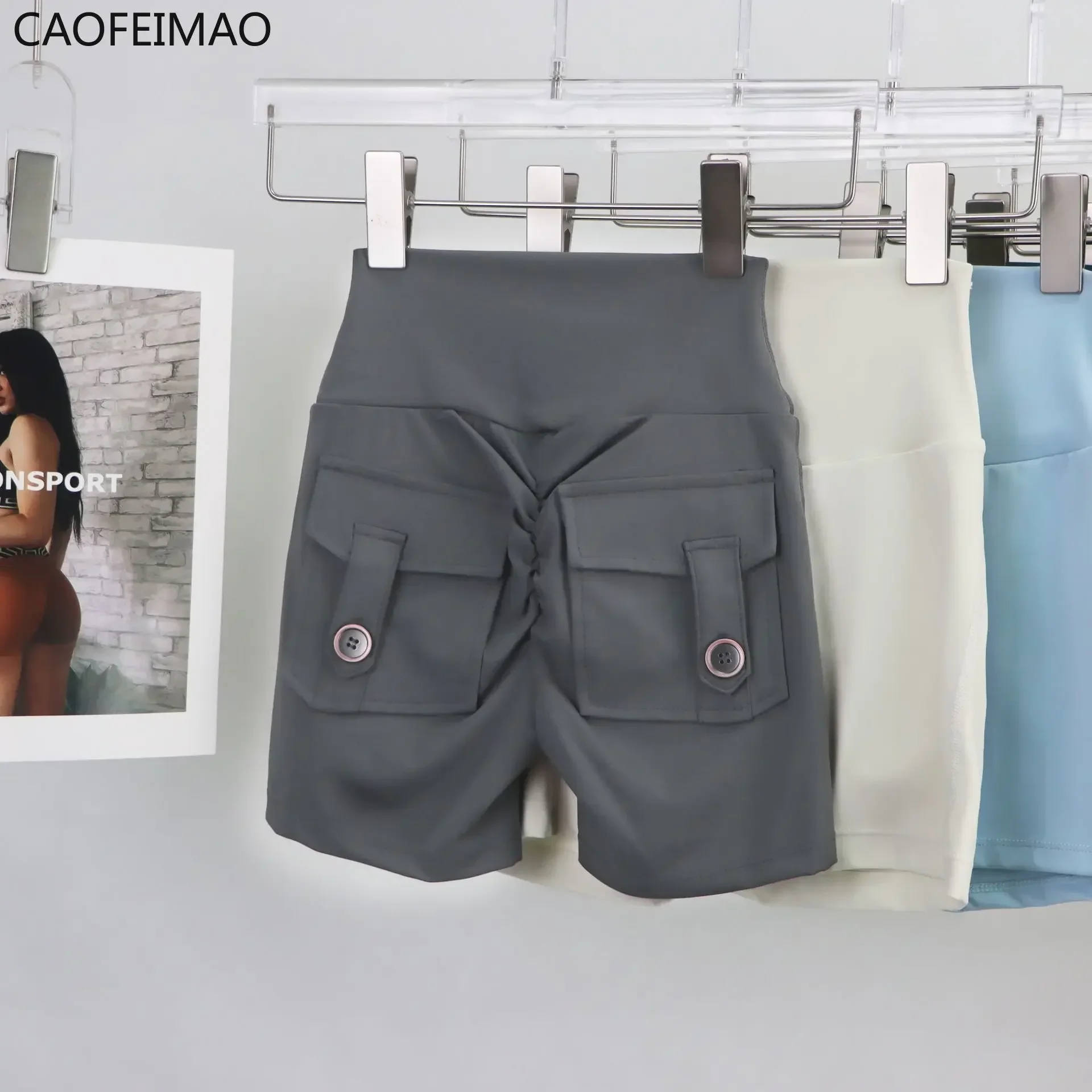 Caofeimao Shorts Women Sport with Pocket Buttocks Fitness Workout High Waist Tights Leggings Push Up Cycling Shorts Gym Clothing