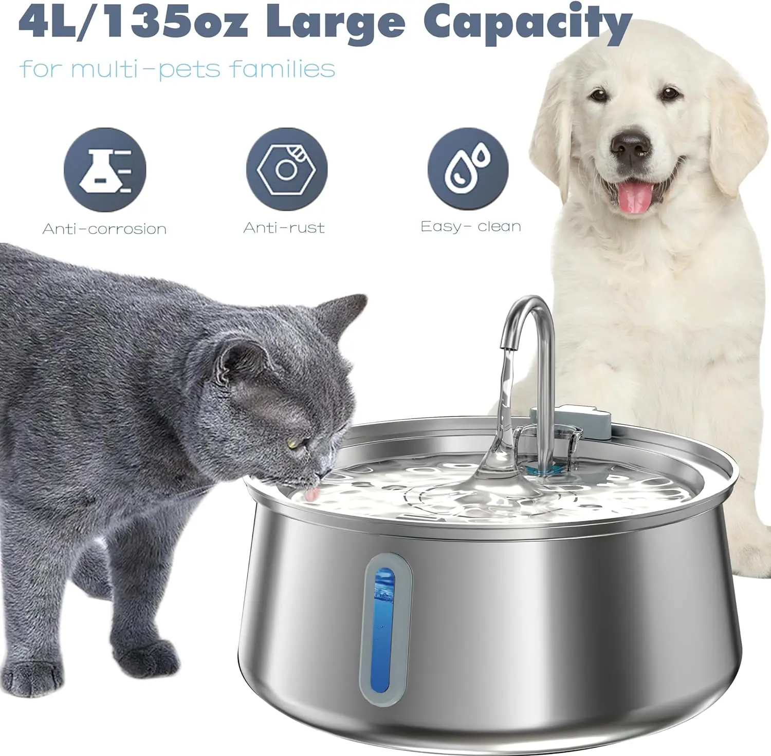 hot saltPetwant 4L/135oz Large Capacity Stainless Steel Cat Water Fountain Multiple Filtration Automatic Pet Water Dispenser