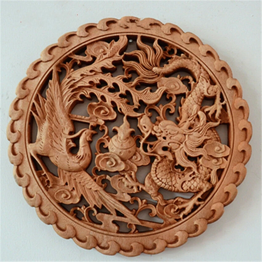 

Chinese Hand-carved Dragon And Phoenix Auspicious Camphor Wood Round Board Wall Carvings Luck Home Decoration Boutique Gift