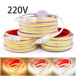 220V COB LED Strip Light With Adhesive Tape Switch EU Power Plug Kit 0.5m 10m 20m 40m IP67 Flexible Led Ribbon Linear lighting