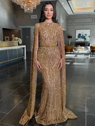 Gold Beaded Glitter Sequins Evening Dress Arabic Dubai Cape Sleeves Mermaid Celebrity Dresses Customized Formal Prom Party Gowns