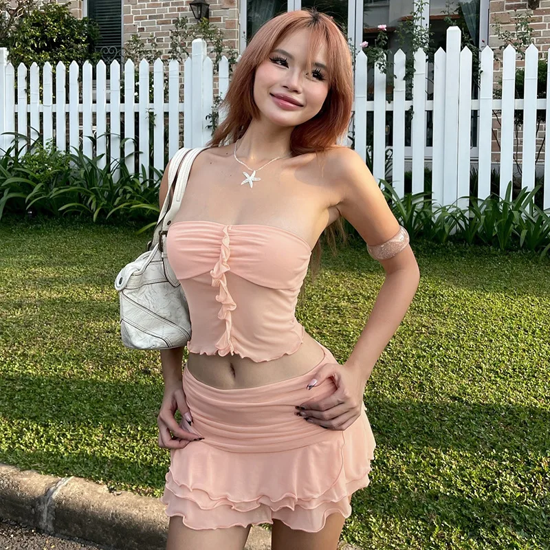 

Euramerican Thin Ruffle Short Strapless Summer All Match Pleated Cascading High Street Skirts Y2k Aesthetic Punk 2 Piece Sets