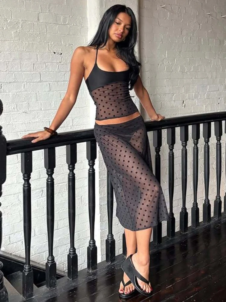 

Женская одежда Корсет на шнуровке с бретелькой на шее и юбки миди Одинаковые комплекты Элегантное сексуальное прозрачное платье в горошек Костюм из двух предметов