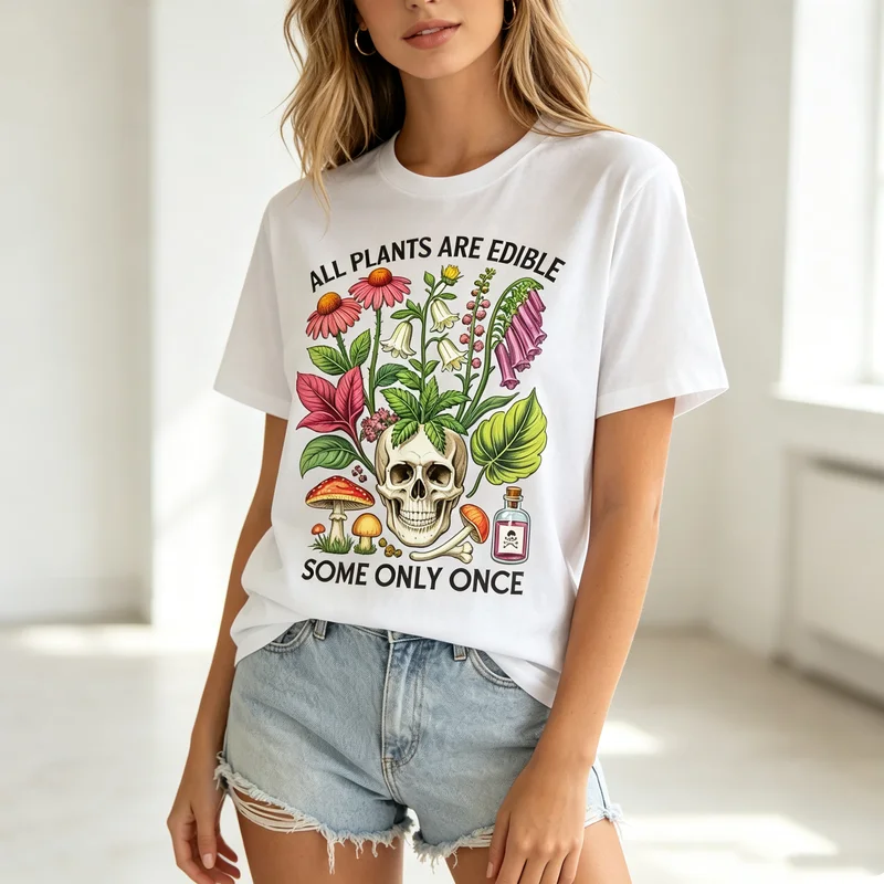 Floral Skull Plants Mushroom Graphic T Shirt Colorful Botanical Art Print Unisex Cotton Crew Neck Top  Oversized Tee Harajuku