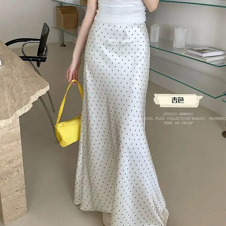 

French Satin Polka Dot Skirt Women's Spring Summer 2025 New High-waisted Slim Acetate Draped Fishtail Long Skirt