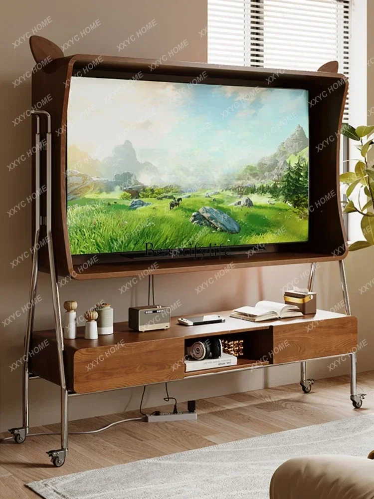 A  Movable TV cabinet Nordic solid wood TV mobile bracket mobile