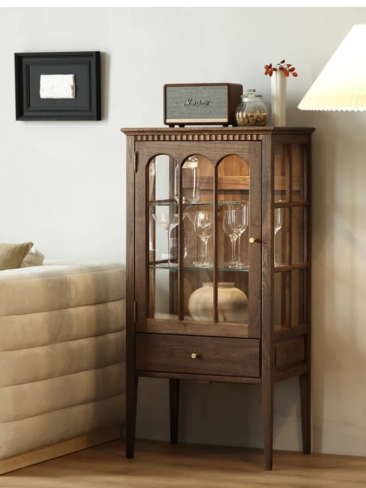 Retro Display Cabinet Made of Glass Black Walnut Hand Cabinet Solid Wood Sofa TV Cabinet Side Cabinet