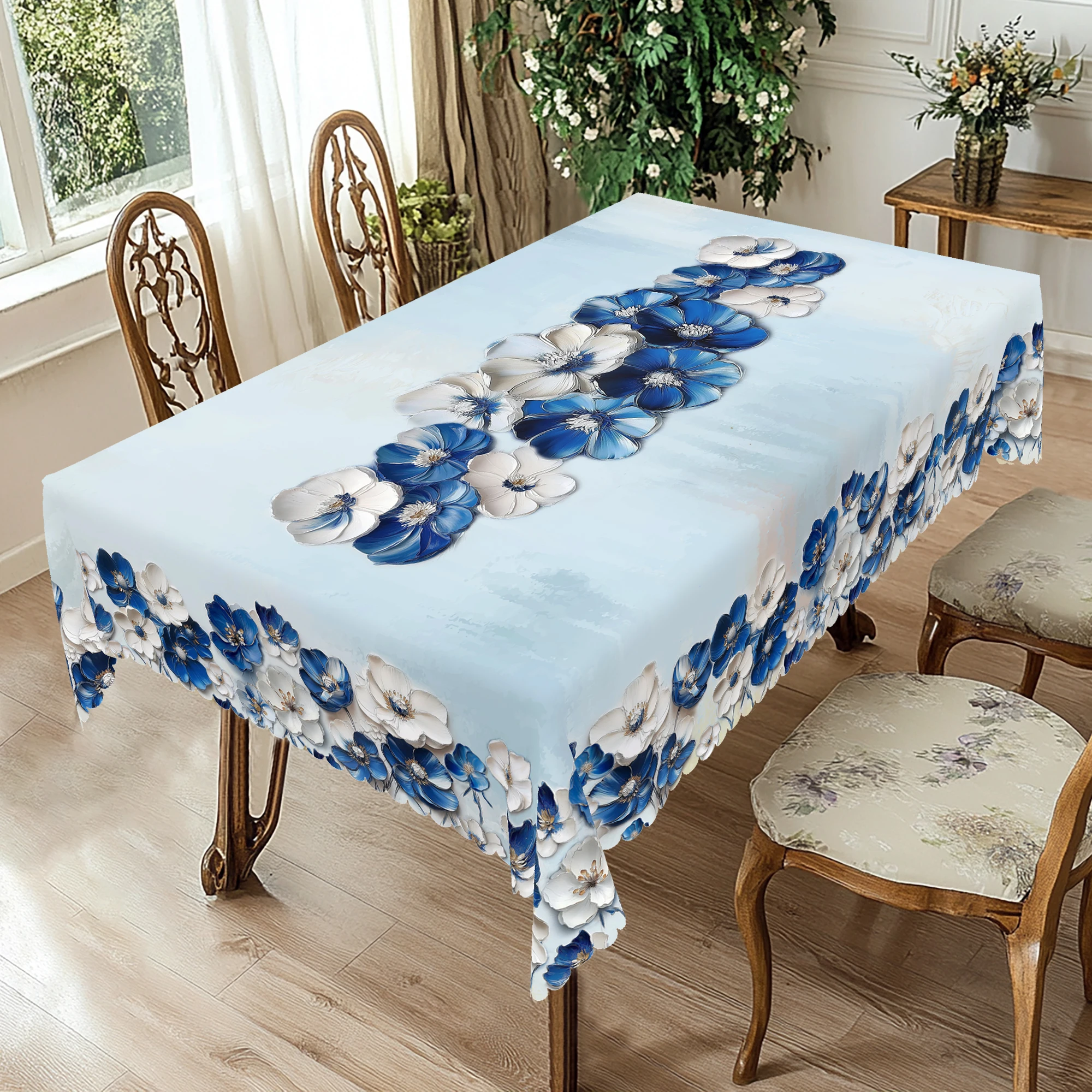 1-teilige Tischdecke mit Ölgemälde-Textur und Blumenmuster, Frühlings- und Sommerblumen-Tischdecke, blaue Party-Dekoration aus Polyester, maschinenwaschbar, Kantenprägung, geeignet für Bauern, Café,