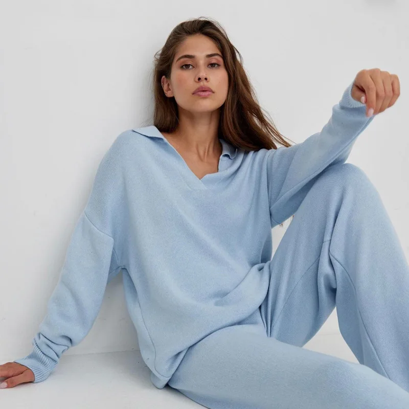 

2 Pieces Set Women Pajamas oversize Tracksuit Sweater Pullover Straight Pants Sweater Set Chic Knitted Outwear Sleepwear Suit