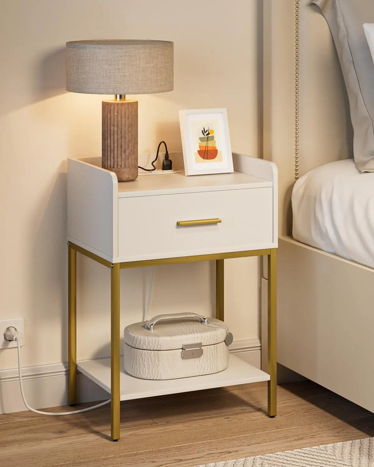 

Nightstand With Charging Station,3-Tier Modern Bedside Table Night Stand With Storage Drawer And Shelf,Small End Side Table For