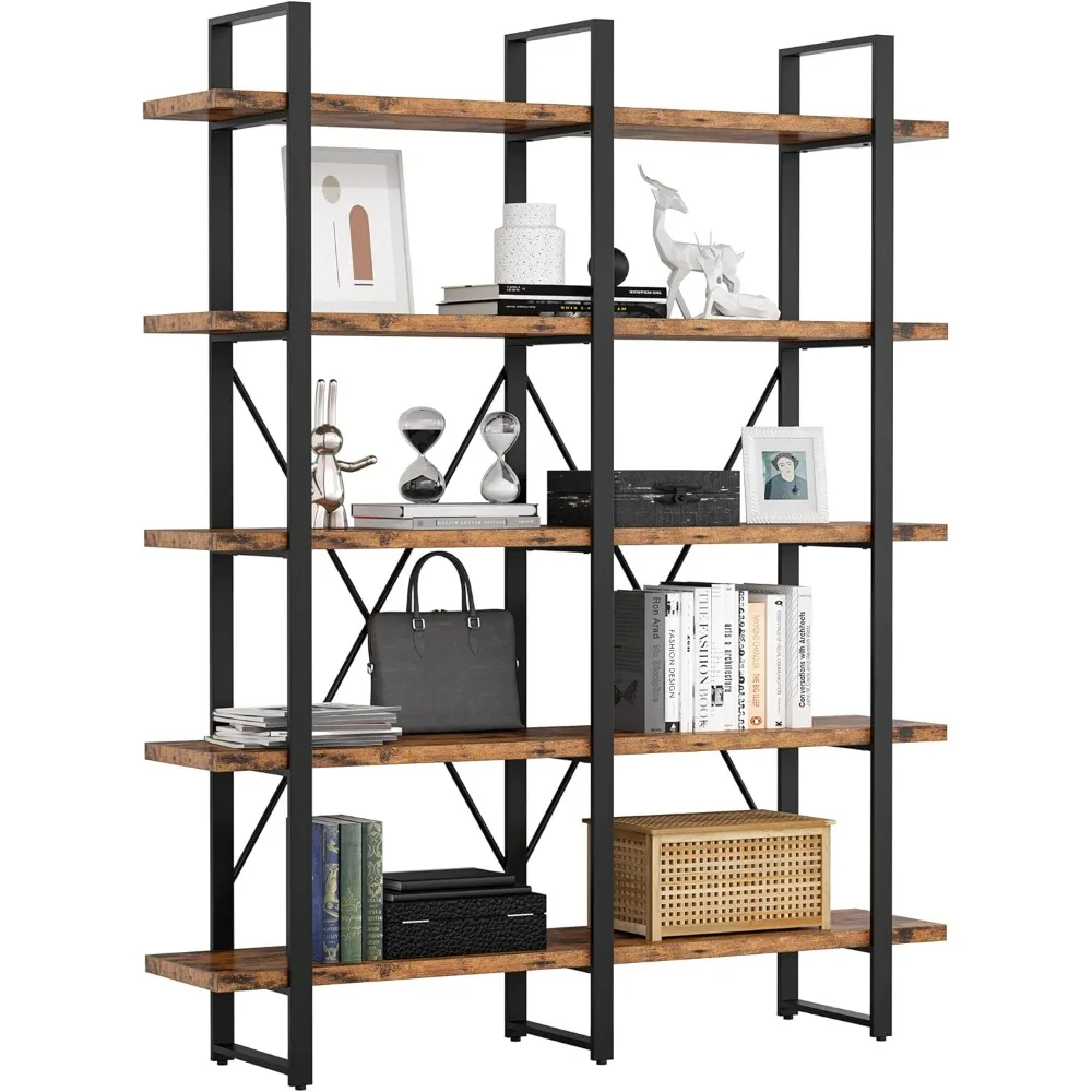 Double wide 5 level open old industrial large bookcase, wood and metal bookcase for home decor display, 13D x 53.1W x 70H in