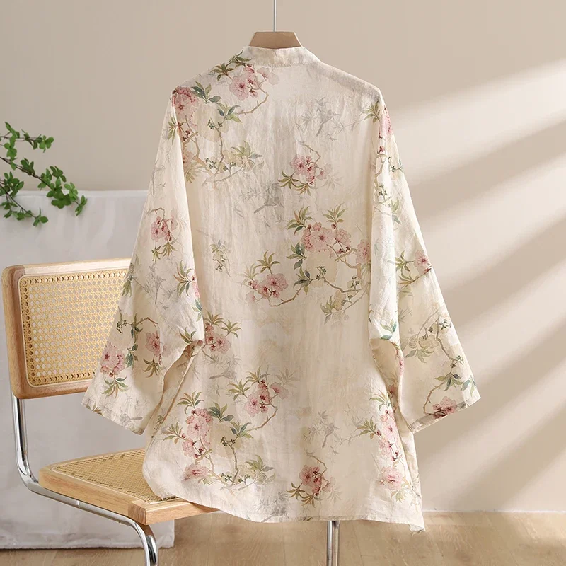 Linen Printed Buckle Chinese Style Top Women's 2024 Spring and Summer Retro Loose Plus Size Elegant Casual Mid-length Shirt B172