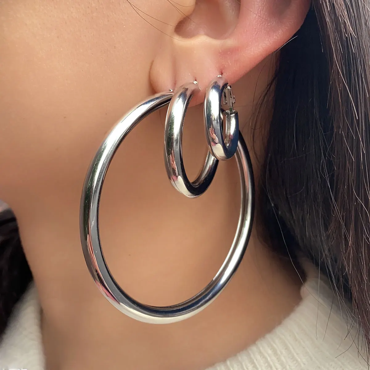 New Minimalistic Big Smooth Metal Round Hollow Hoop Earrings for Women Men Statement Circle Earrings Trendy Simple Ear Jewelry