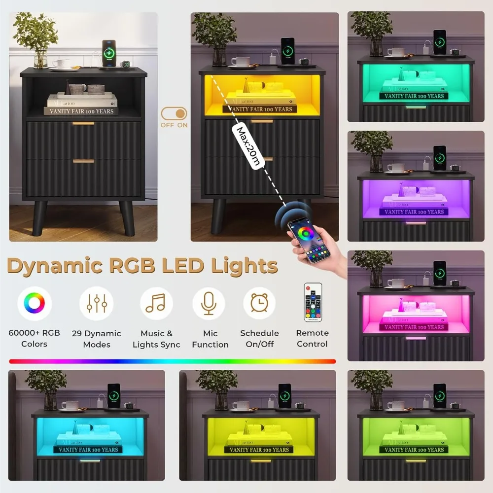 VIAGDO مجموعة منضدة مخددة مكونة من قطعتين مع قاعدة شحن وأضواء LED، مجموعة حامل ليلي حديث 2 مع درجين وتخزين مفتوح #5