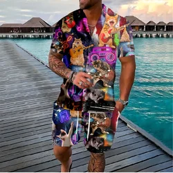 Summer Animal Cat 3D Print Men Shirt Sets Short Sleeve Shirt Oversized Casual Beach Shorts Streetwear Hawaiian Suits Clothes