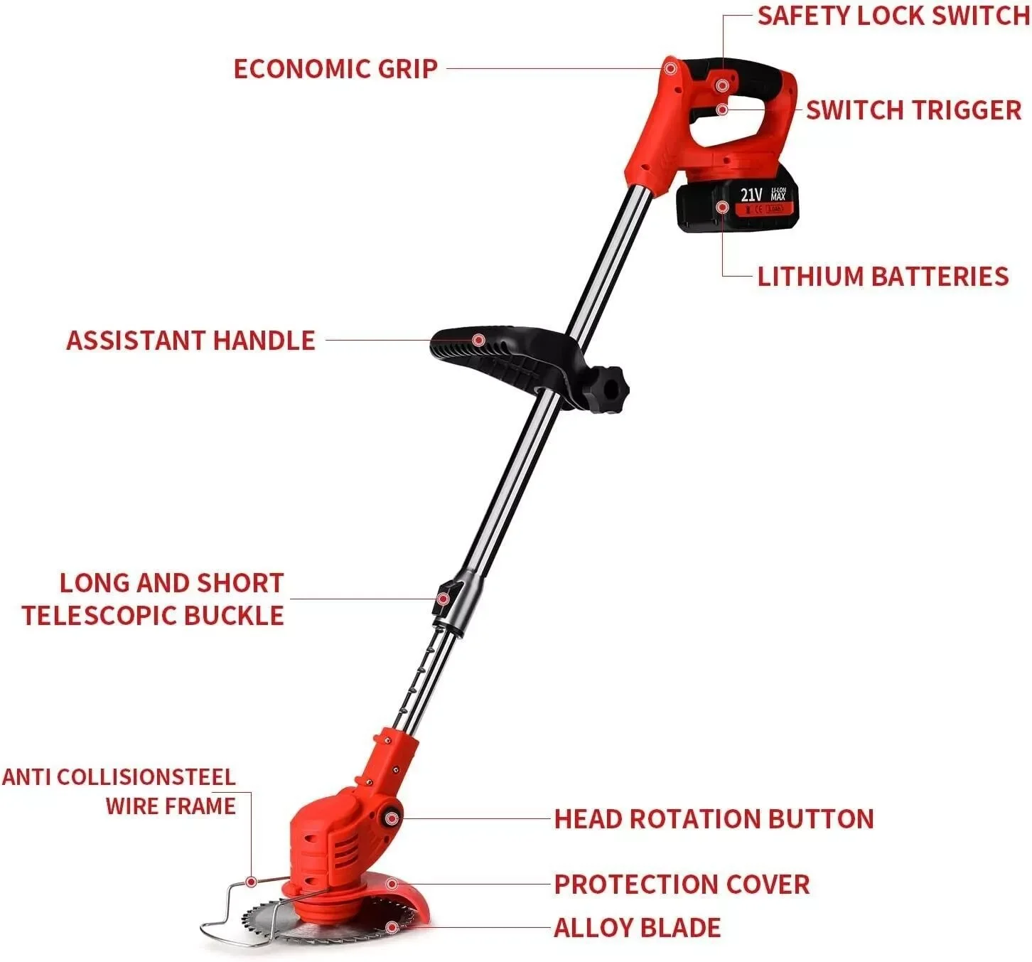Electric Cordless Grass String Trimmer Lawn Edger Portable Weed Wacker Cutter Foldable Adjustable Garden Cutter with 2 Battery