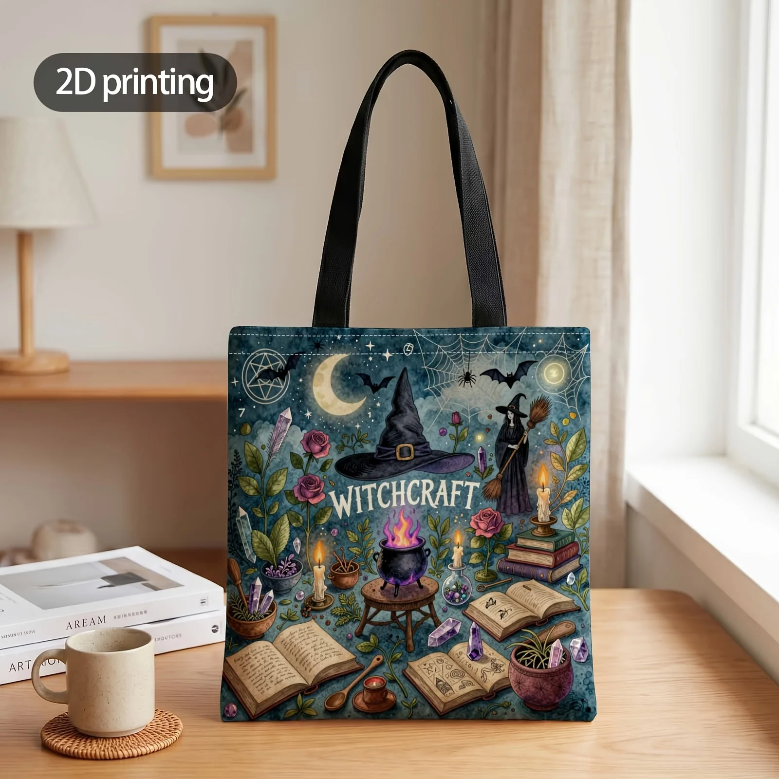 2D Printed Handbag with Witch'S Midnight Spell Circle Pattern, Reusable Fashion Shoulder Bag Travel, for Halloween Decor