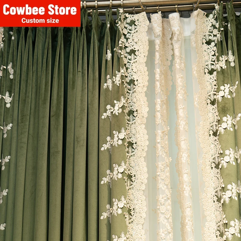 French Lace Green Velvet Luxury Curtains for Living Room Bedroom Dining Retro Blackout Tulle Window Blackout Embroidered Window