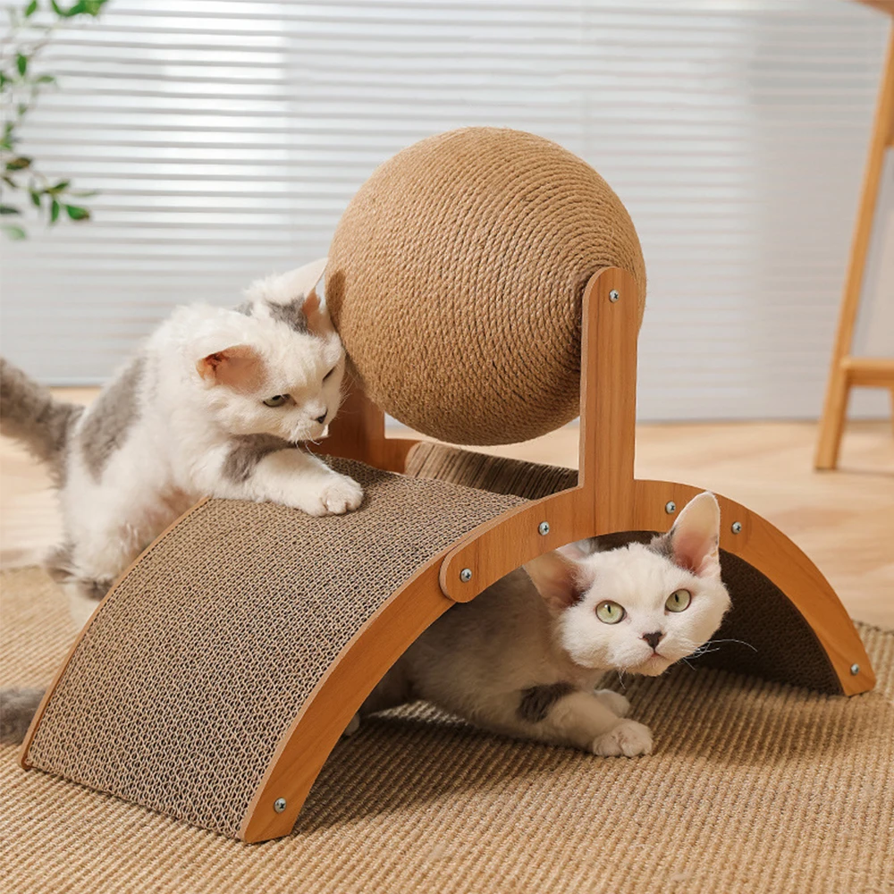 Cat Scraper Wooden Cat Scratcher Scratching Board 2 In 1 Wear-Resistant Grinding Paw Solid Wood Sisal Rope Ball Pet Furniture