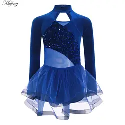 Girls Sparkling Sequin Dance Dress Ballet Tutu Dress Long Sleeve Cutout Velvet Dresses Costumes for Lyrical Birthday Dance Wear