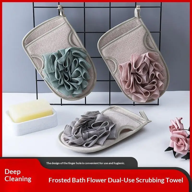 Double Sided Exfoliating Bath Glove With Built In Loofah Puff Deep Cleansing For Daily Shower Use