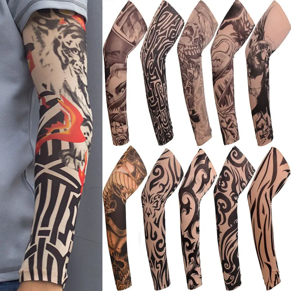 1Pc Flower Arm Tattoo Sleeves Seamless Outdoor Riding Sunscreen Arm Sleeves Sun Uv Protection Arm Warmers for Men Women