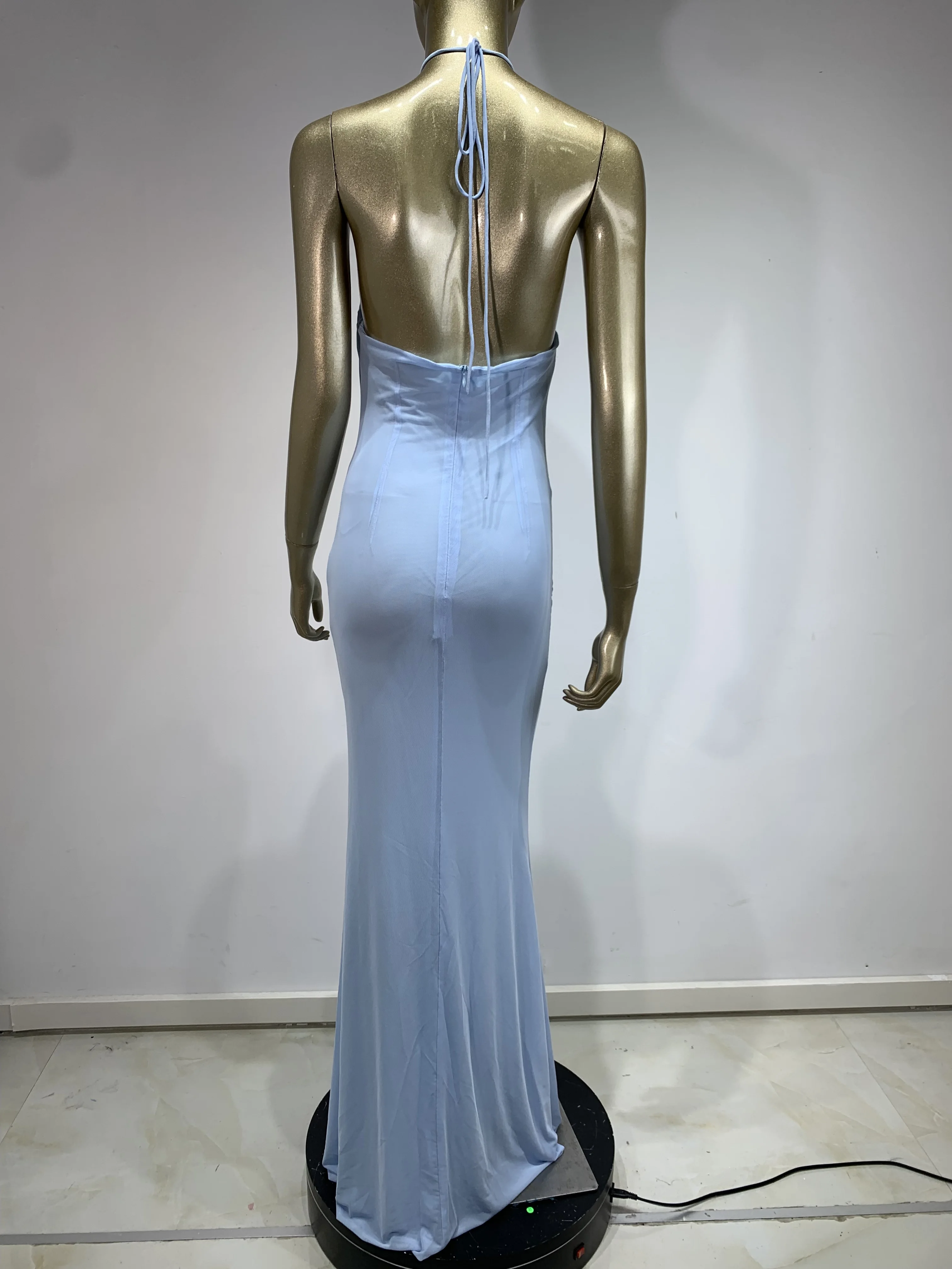 Women Celebrity Sexy Backless Halter Flower Sky Blue Maxi Long Gowns Dress 2024 Elegant Evening Party Club Dress Vestido