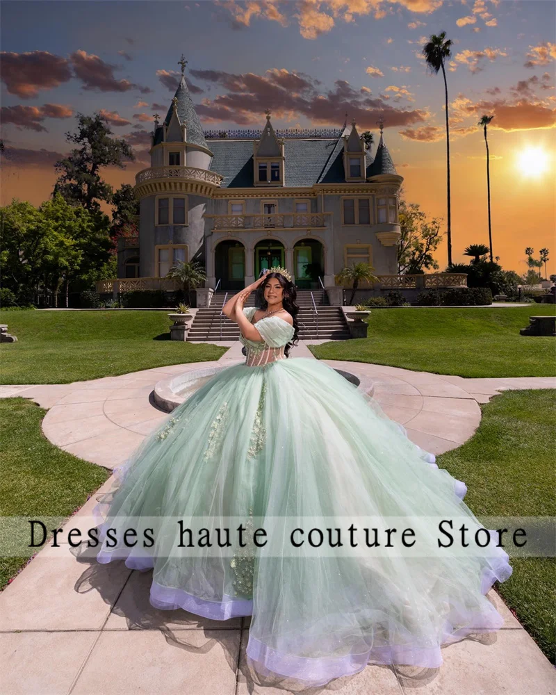 Vestido de baile de princesa de tul verde, traje de quinceañera, Apliques de encaje con cuentas, vestido dulce 16, vestidos de fiesta de cumpleaños, recién llegados, 2024