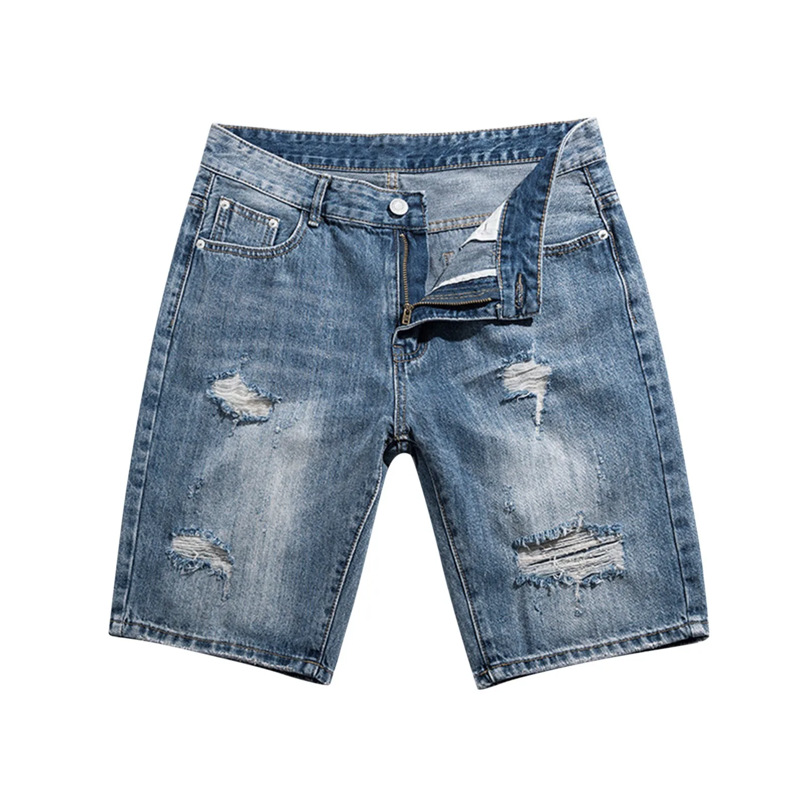 Mens Fashion Broken Holes Slim Fit Stretch Denim Shorts Pants Casual Straight Leg Jeans Mens Shorts Quick Y